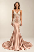 Open-Back Lace-Applique Stretch Satin Mermaid Evening Gown