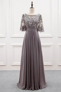 Bell-Sleeve Chiffon Mother of the Bride Dress with Lace Bodice