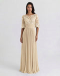 Champagne Bell-Sleeve Chiffon Mother of the Bride Dress with Lace Bodice