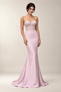 Blushing Pink Lace and Matte Satin Mermaid Bridesmaid Dress with Lace-Inset Train