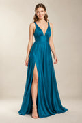 Blue Plunging Stretch Satin A-Line Bridesmaid Dress