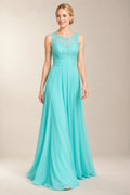 Aquamarine Ruched Chiffon A-Line Bridesmaid Dress with Illusion Lace Bodice