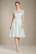 Sea Glass Short-Sleeve Lace and Chiffon Empire-Waist Maternity Cocktail Dress