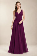 Chantel Plum chiffon bridesmaid dress, front view with ruched V-neck bodice