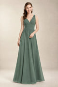Chantel Eucalyptus chiffon bridesmaid dress, front view with ruched V-neck bodice