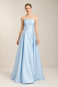 Sky Blue Pleated Satin A-Line Prom Dress with Beaded Pockets