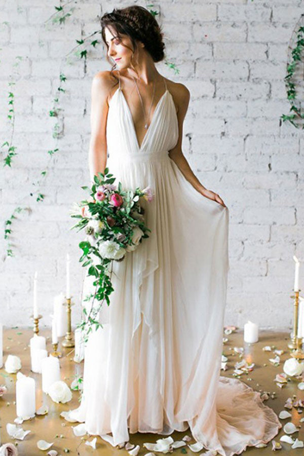 Sexy A-Line Deep V-Neck Backless Chiffon Boho Wedding Dresses with Ple – Angrila