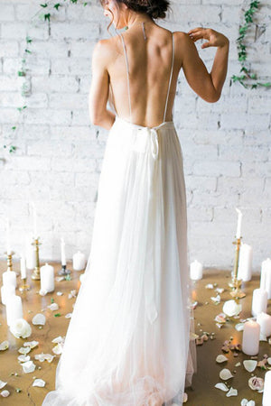 Sexy A-Line Deep V-Neck Backless Chiffon Boho Wedding Dresses with Pleats