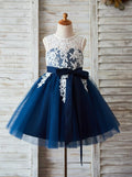 Ivory-Navy Tea-Length Lace and Tulle Flower Girl Dress with Illusion Back