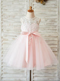 Ivory-Blushing Pink Tea-Length Lace and Tulle Flower Girl Dress with Illusion Back