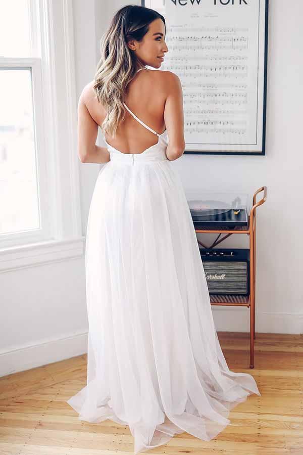 Stylish Halter Criss-Cross Straps Long White Wedding Dresses with Bead –  Oktypes