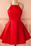 Ruby Red Square-Neck Pleated Satin A-Line Mini Homecoming Dress
