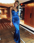 Royal Blue Low-Back Plunging Stretch Satin Mermaid Evening Gown
