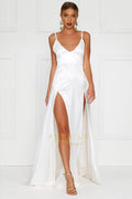 Open-Back Stretch Satin A-Line Wedding Dress with Double Slits