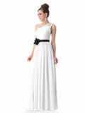 White One-Shoulder Chiffon A-Line Wedding Dress with Floral Waist Detail
