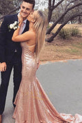 Rose Gold Crisscross-Back Sequin Mermaid Prom Dress