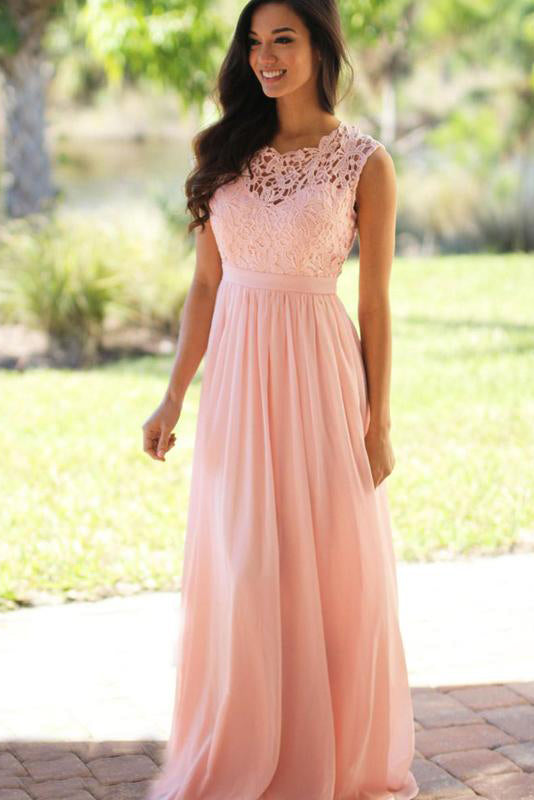 A-line/Princess sleeveless Lace Top Long Chiffon Bridesmaid Dresses – Angrila