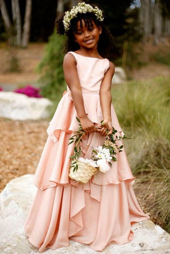 A-line/Princess Layers Flower Girl Dresses with Tiered Skirt in Satin – Angrila
