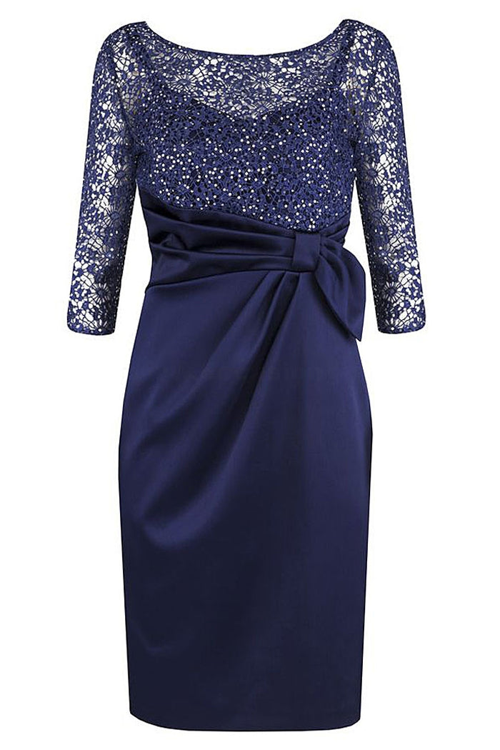 Dark Navy 3/4 Sleeves Short Mother of The Bride Dress with Lace Beading