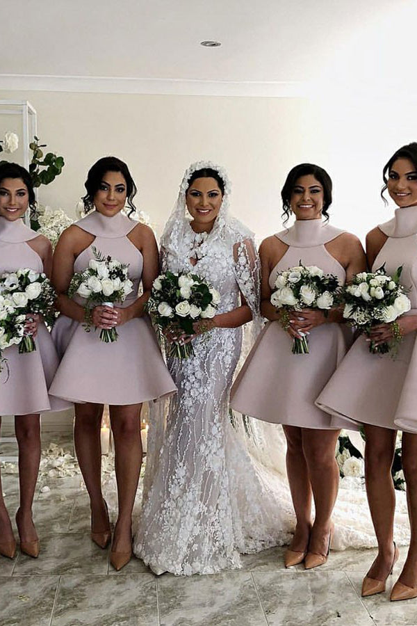 Short Satin Open Back Bridesmaids Dresses with Bow(s) Angrila