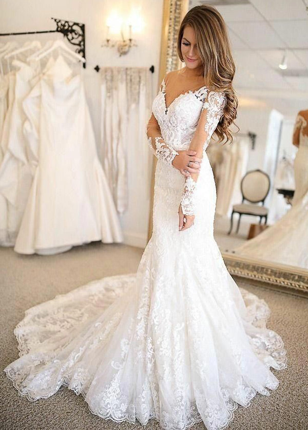 Trumpet/Mermaid Long Sleeves Lace Boho Bridal Wedding Dresses – Angrila