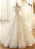 Ivory Long-Sleeve Illusion-Neck Lace and Tulle Wedding Ball Gown
