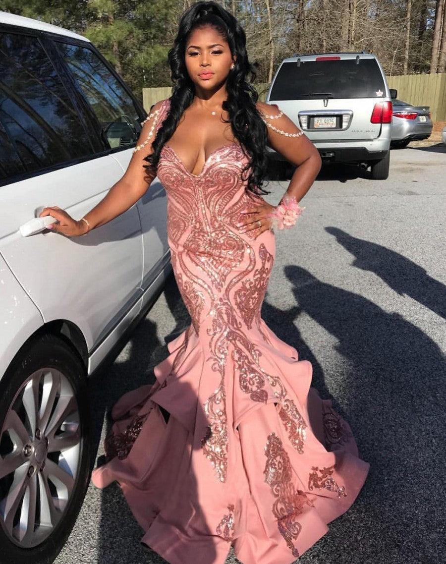 New Sweep Train Sleeveless Satin Sequined African American Prom