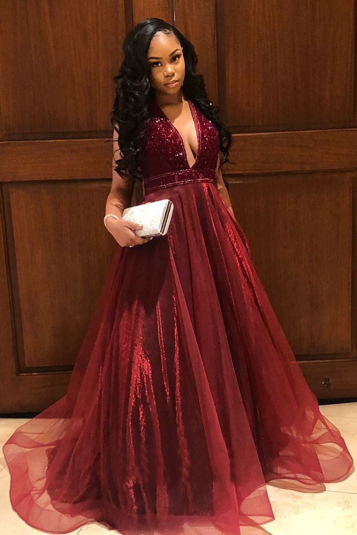 Burgundy A-Line/Princess Floor-Length Tulle Prom Dresses Angrila Burgundy A-Line/Princess Floor-Length Tulle Prom Dresses Angrila