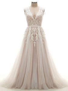 Tulle V-neck Appliques Lace Wedding Dresses