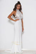 White High-Neck Lace and Matte Satin Mermaid Wedding Dress