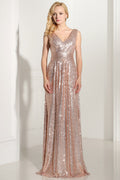 Rose Gold Ruched V-Neck Sequin A-Line Evening Gown