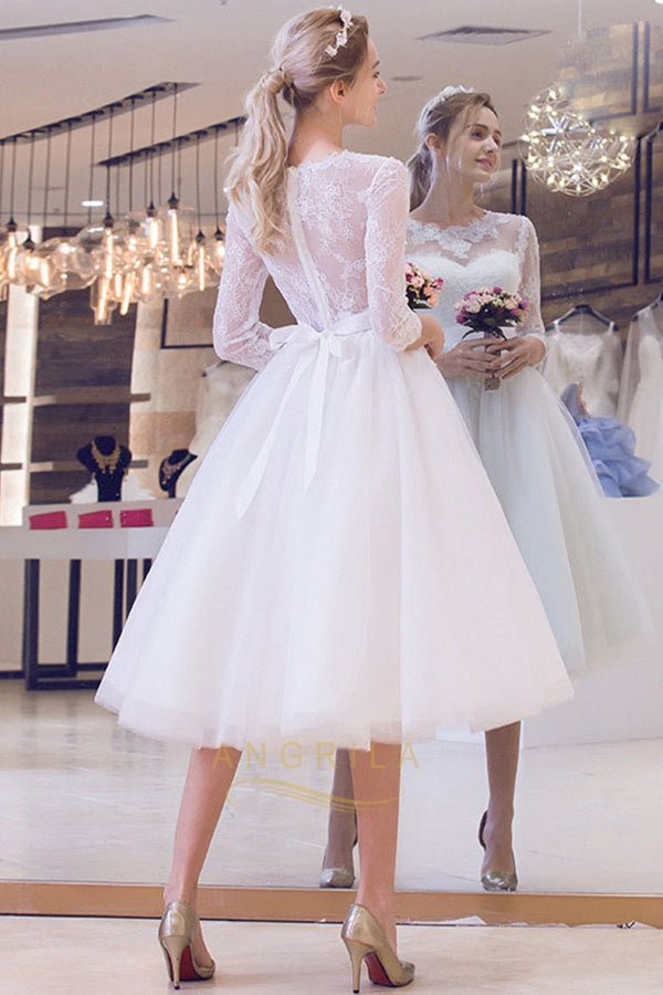 3/4 Sleeves Tea-length Bridal Wedding Dresses Angrila 3/4 Sleeves Tea-length Bridal Wedding Dresses Angrila