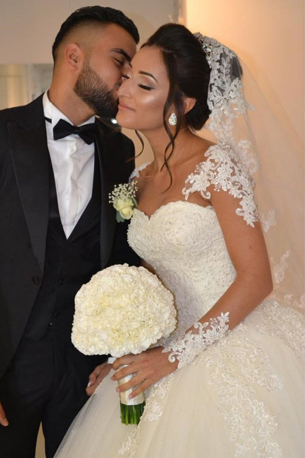 Ball Gown Illusion Sweetheart Full/Long Sleeves Lace Appliques Beading ... Ball Gown Illusion Sweetheart Full/Long Sleeves Lace Appliques Beading ...