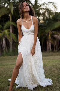Stunning A-line Spaghetti Straps Split Lace Boho Long Beach Wedding Dresses