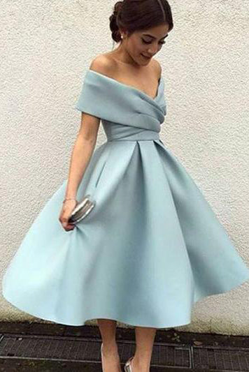 satin tea length dress with sleeves A-Line Square Neckline Puff Sleeves Satin Burgundy Prom Dress, Tea Length Bridesmaid Dress