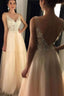 Glamorous V-Neck Tulle Appliques Lace Backless Prom Dresses