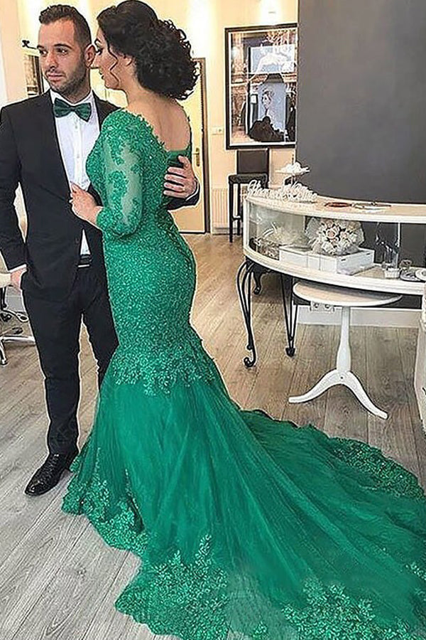Mermaid V Neck 3 4 Sleeves Applique Plus Size Prom Dresses Angrila