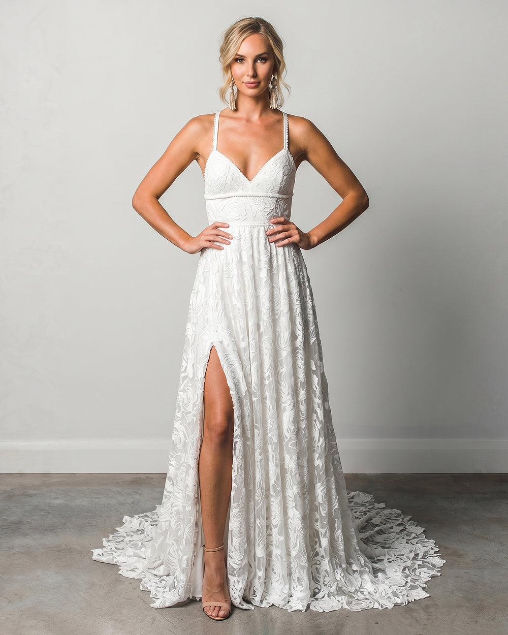Boho V-Neck Lace A-Line Wedding Dress with High Slit and Train