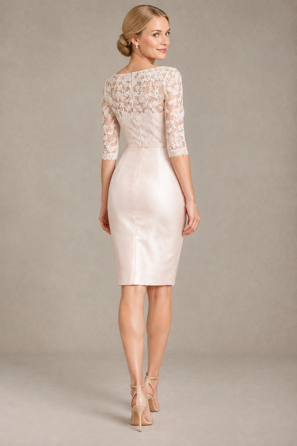 Ivory 3/4-Sleeve Lace and Stretch Satin Sheath Short Cocktail Dress