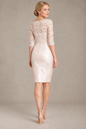 Ivory 3/4-Sleeve Lace and Stretch Satin Sheath Short Cocktail Dress