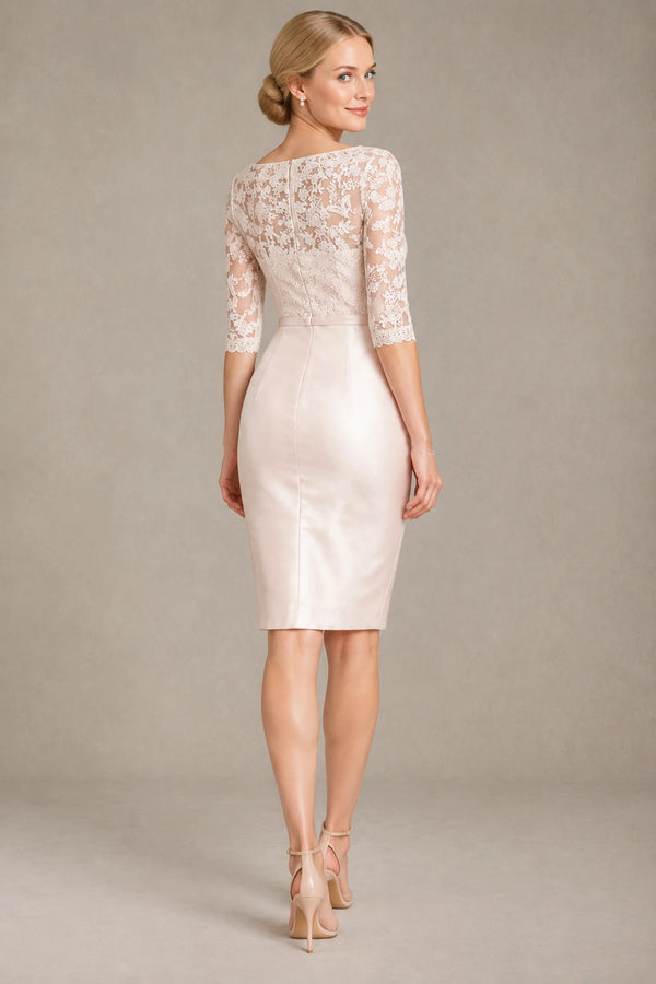 Ivory 3/4-Sleeve Lace and Stretch Satin Sheath Short Cocktail Dress