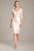 Ivory 3/4-Sleeve Lace and Stretch Satin Sheath Short Cocktail Dress
