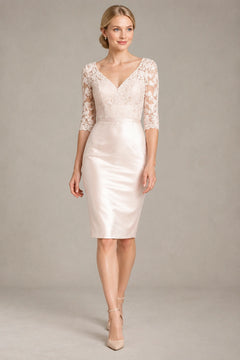 Ivory 3/4-Sleeve Lace and Stretch Satin Sheath Short Cocktail Dress