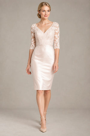 Ivory 3/4-Sleeve Lace and Stretch Satin Sheath Short Cocktail Dress