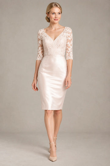 3/4-Sleeve Lace and Stretch Satin Sheath Short Cocktail Dress