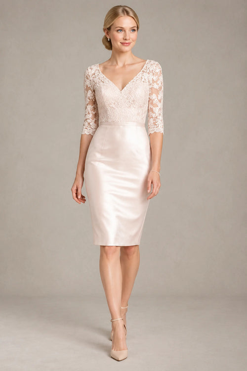 Ivory 3/4-Sleeve Lace and Stretch Satin Sheath Short Cocktail Dress