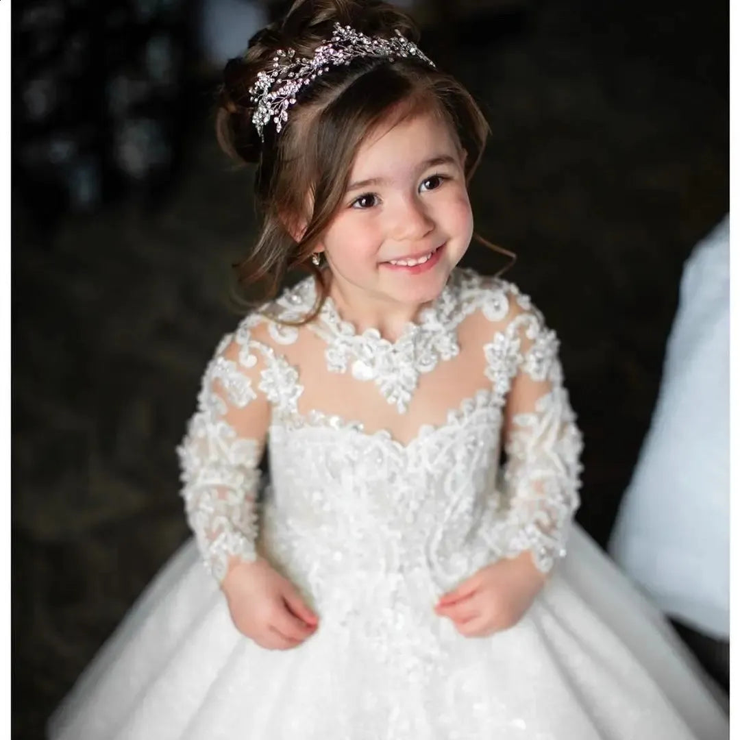 White Long A-line Long Sleeves Lace Appliques Flower Girl Dresses