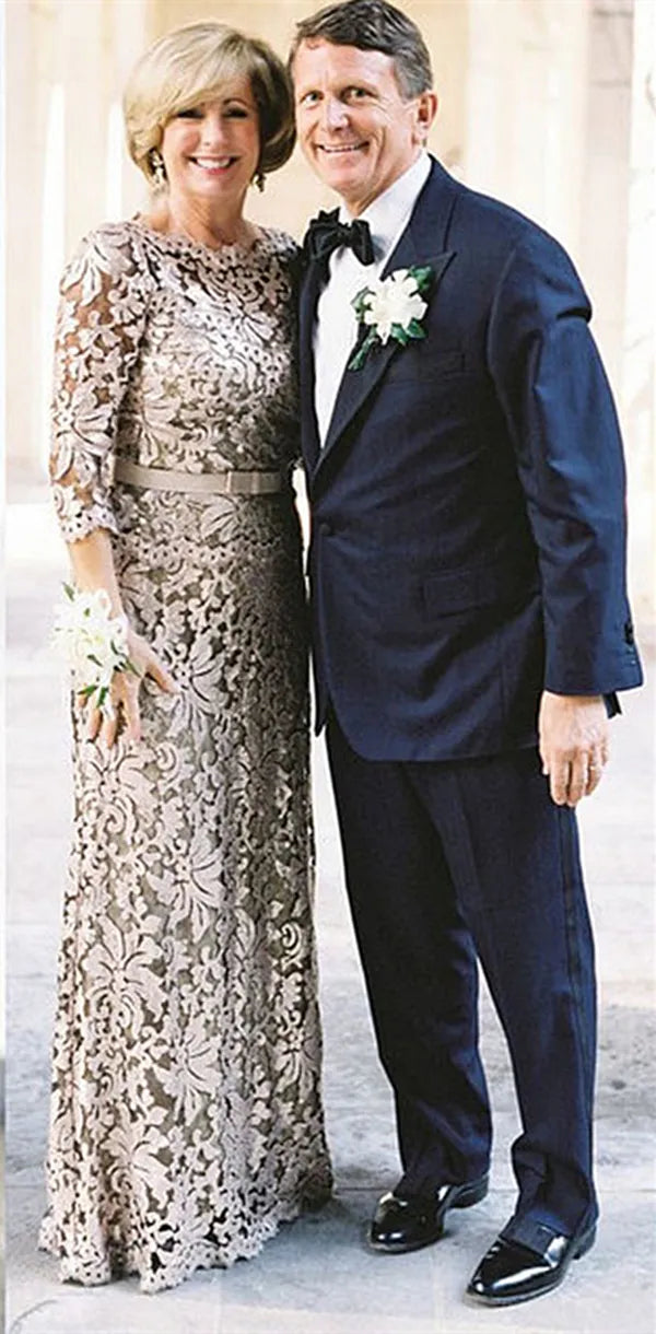 Long Lace Round Neck Long Sleeves Mother of the Bride Dress
