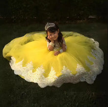 Long Sleeve Lace Appliques Tulle Yellow Flower Girl Dresses