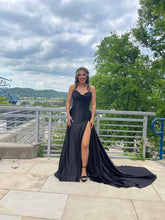 Mermaid Pleats Strapless Black Long Satin Prom Dresses with Slit